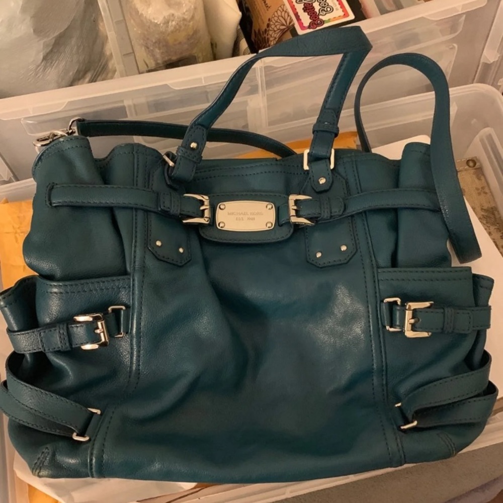 Large, deep teal leather Michael Kors satchel-style purse